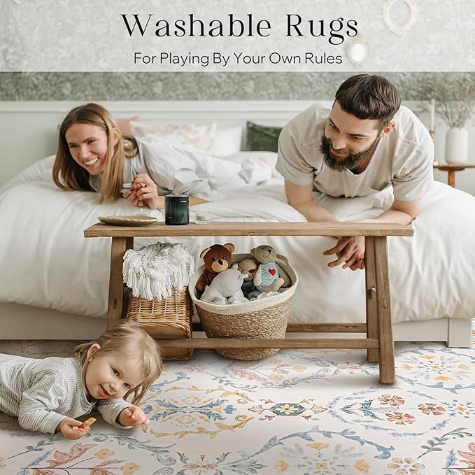 Phantoscope Washable Area Rug 8'x10' Non-Slip, Vintage Floral Boho Rugs for Living Room, Bedroom, DiningRoom, Soft Botanical Moroccan Pattern, Low-Pile Foldable Floor Carpet, Ivory Pink/Boho Garden