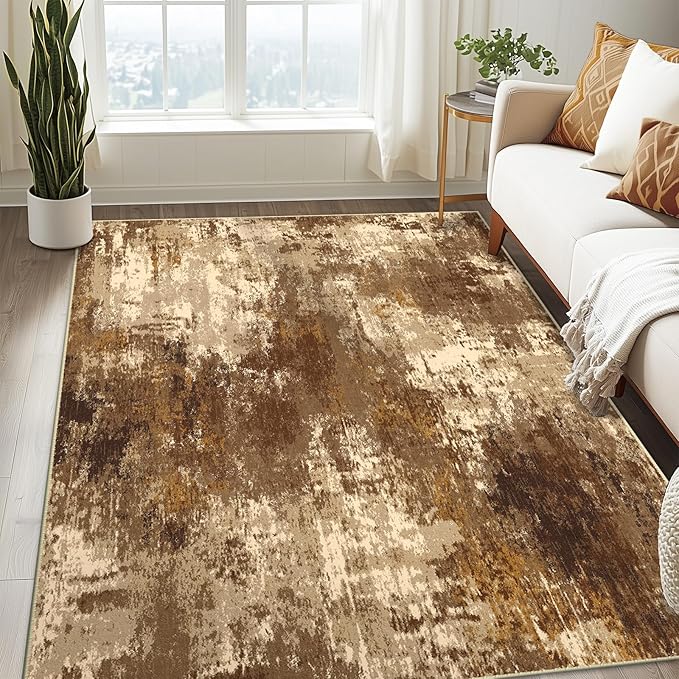Washable Area Rugs 9'x12' Non-Slip Modern Abstract Soft for Living Room Entryway Bedroom Nursery, Print Pattern, Brown Tan Beige Coffee