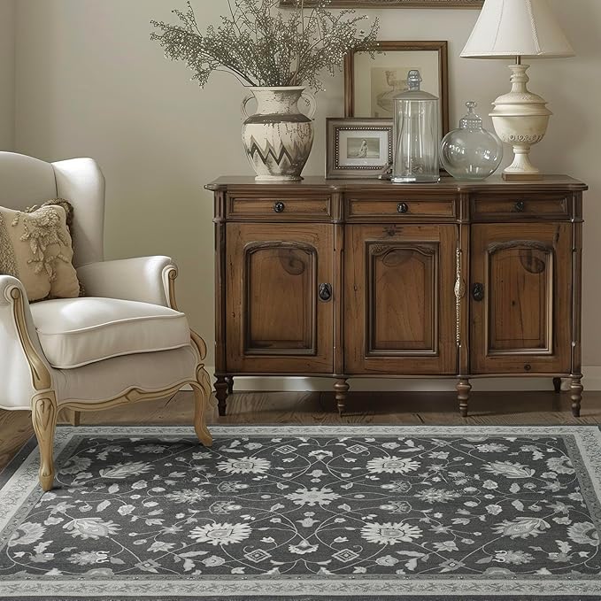 EVERGRACE Area Rugs for Living Room 4x6, Boho Floral Faux Wool Indoor Outdoor Rugs, Washable Rugs for Bedroom Entryway Dining Room Hallyway, Low Pile Floor Mat Carpet for Home Decor, Ebony Black