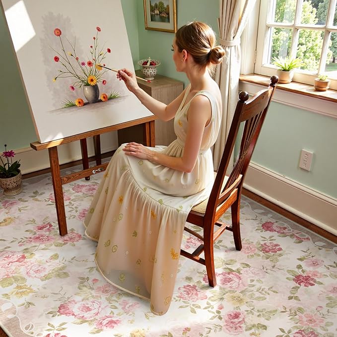 Lahome Floral Washable Rugs 5x7,Rugs for Living Room Boho Area Rug,Vintage Rugs for Bedroom Girls Non Slip Low Pile Ultra-Thin Large Carpet for Farmhouse,Dining Room,Kids Playroom Dorm (5'X7',Beige)