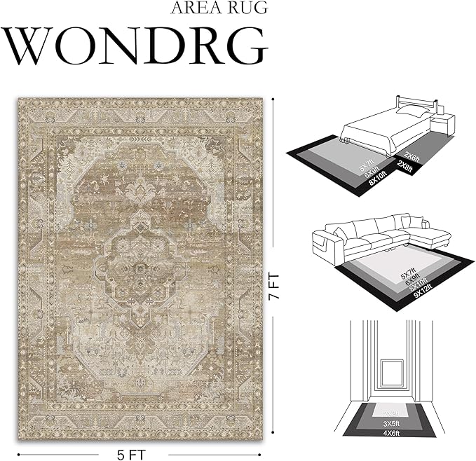 9x12 Washable Vintage Area Rug for Living Room Bedroom Non Slip Distressed Traditional Soft Large Throw Rug Beige Brown Low Pile Lightweight Floral Carpet Classroom Office Home Decor