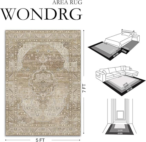 2x6 Washable Vintage Runner Rug for Living Room Bedroom Non Slip Distressed Traditional Soft Runner Rug Beige Brown Low Pile Lightweight Floral Runner Kitchen Hallway Entrance