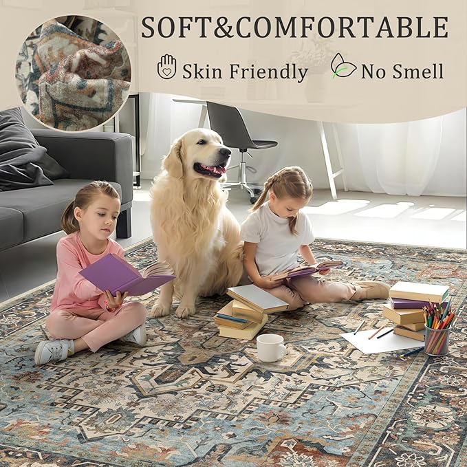 2x3 Machine Washable Area Rug for Entryway, Blue Beige Boho Vintage Floral Rug Non-Slip Low Pile Soft Faux Wool Small Carpet, Kids and Pets Friendly for Bedroom Kitchen Hallway Bedside Home Decor Rug