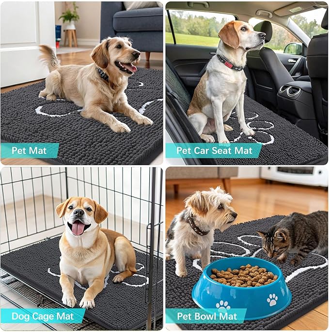 OLANLY Dog Door Mat for Muddy Paws 47x24, Paw Print Design, Absorbs Moisture and Dirt, Absorbent Non-Slip Washable Doormat, Quick Dry Chenille Mud Mat for Dogs, Entry Indoor Entryway Carpet, Dark Grey