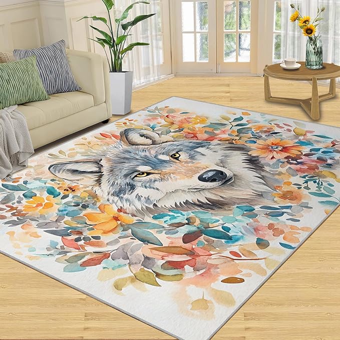 5x8 Wolf Kids Rug - Watercolor Florals Dining Room Rug, Animals Area Rugs Indoor Modern Rugs for Bedroom Hardwood Floors Teen Room