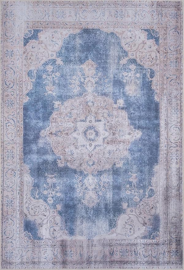 GLN Rugs Traditional Collection - Machine Washable Area Rug, Traditional Washable, Non Slip, Low Pile Chenille Rug, Living Room, Bedroom, Kitchen Rug (8' x 10' Cream/Navy)