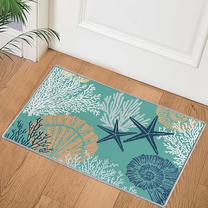 Tritard Coastal Area Rug 2x3 - Small Machine Washable Foldable Throw Rugs Non-Slip Beach Ocean Entryway Doormat Indoor Entrance Carpet for Kitchen Bathroom Laundry Bedroom Living Room, Teal
