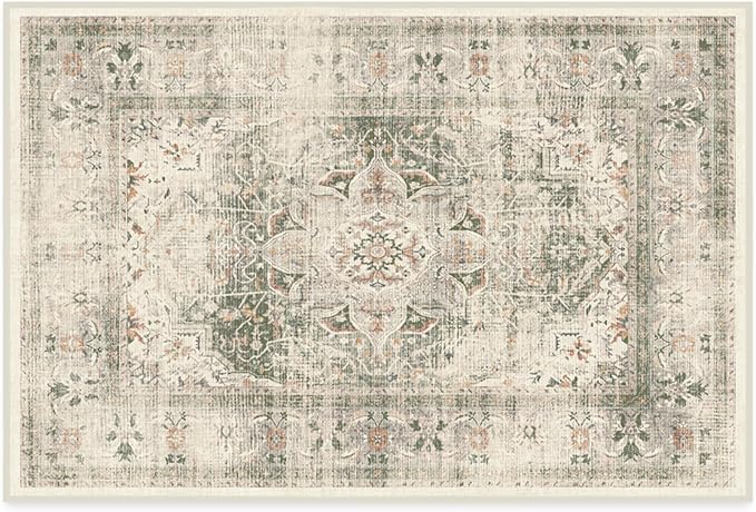 RUGGABLE Washable Vintage Area Rug – Sarrah Sage 2x3, Stain-Resistant, Non-Slip – Small Machine Washable Rugs for Living Room, Bedroom, Hallway, Entryway & Bathroom–with Standard Pad