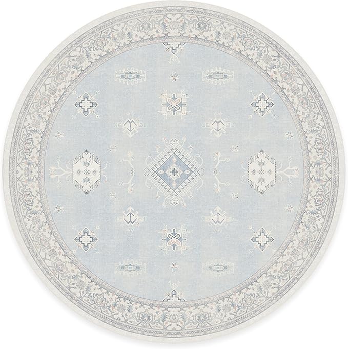 RUGGABLE Washable Vintage Area Rug – Verena Soft Blue 8 ft Round, Stain-Resistant, Non-Slip – Large Machine Washable Rugs for Living Room, Bedroom, Hallway, Entryway & Office–with Standard Pad