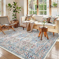 Lahome Floral Washable Area Rugs 5x7, Soft Beige Rugs for Living Room Bedroom, Boho Non Slip Low Pile Forest Design Large Throw Carpet for Farmhouse Dining Room Nursery, Beige/Blue