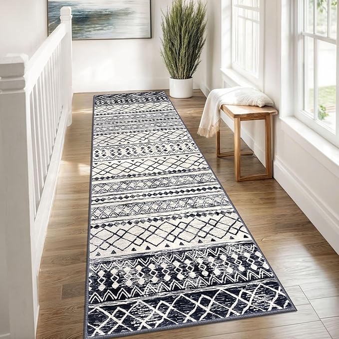 KUTA Moroccan Washable Runner Rug 2.6x8, Non-Slip Vintage Black Navy Blue Boho Hallway Runners Rugs Ultra Soft Print Distressed Geometric Floor Carpet for Bedroom Laundry Living Room
