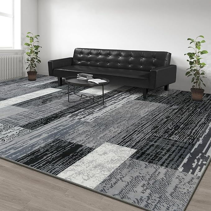 Large Area Rugs,Modern Geometric Patchwork Floor Decor for Bedroom Aesthetic Carpet, Rockwood Collection, Indoor Rugs for Living Room, Dining Room, Nursery, Office, Machine Washable Rug,8x10 Ft Grey