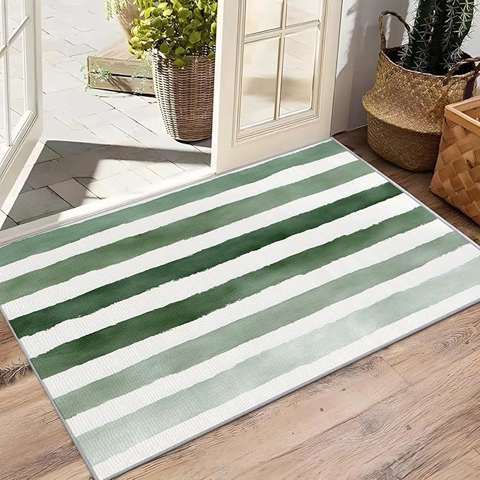 Striped Rugs for Living Room - 5x6ft - Green and White Stripe Minimalist Watercolor Rug for Bedroom Non Slip Low Pile Machine Washable Area Rugs, Striped Carpets House Decor & Gifts