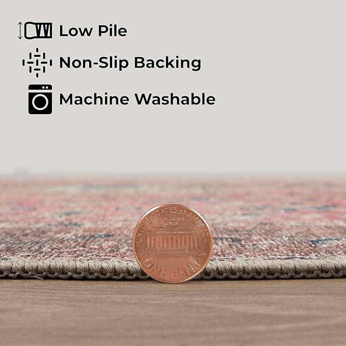 GLN Rugs Traditional Collection - Machine Washable Area Rug, Traditional Washable, Non Slip, Low Pile Chenille Rug, Living Room, Bedroom, Kitchen Rug (4' x 6' Pink/Cream)