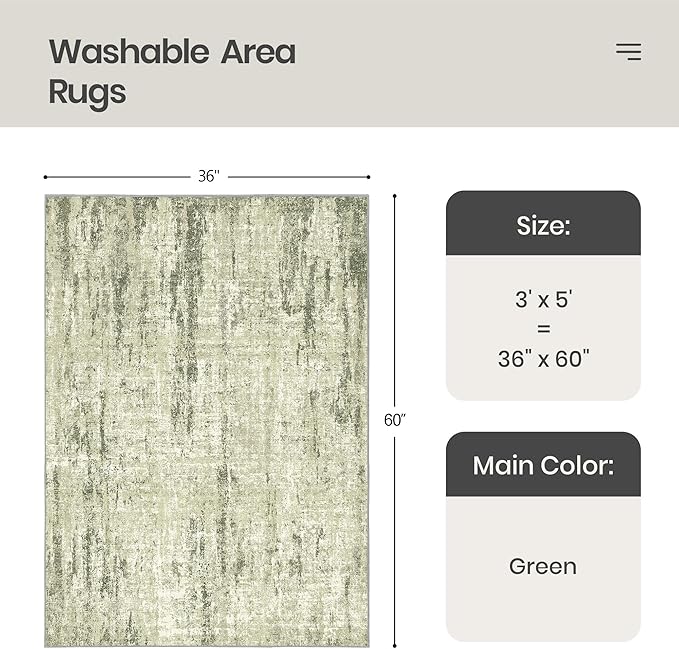 Valenrug Washable Rug 3x5 - Stain Resistant 3x5 Area Rugs for Living Room, Non Slip Backing Printed Rugs for Bedroom, Folable Area Rug(3'x5', Green)