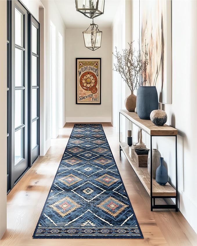 Area Rug 2x6 Rug Machine Washable Non-Slip Low Pile Print Pattern Western Rug for Living Room Bedroom Entryway Tribal Series -Darkblue