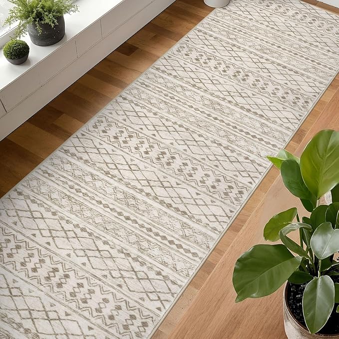 KUTA Long Hallway Runner Rug 2.6x18 Non-Slip Washable, Moroccan Vintage Beige Boho Kitchen Rugs Ultra Soft Distressed Geometric Floor Carpet Runners for Bedroom Laundry Stairway Entryway