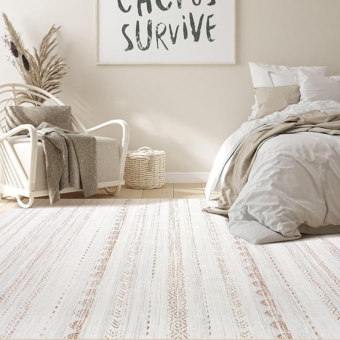 Nakagishi 5x8 Area Rug Living Room: Washable Boho Large Neutral Soft Farmhouse Rugs Stain Resistant Modern Indoor Floor Non-Slip Carpet for Bedroom Nursery Kids Playroom Office Dining Room Dorm- Brown