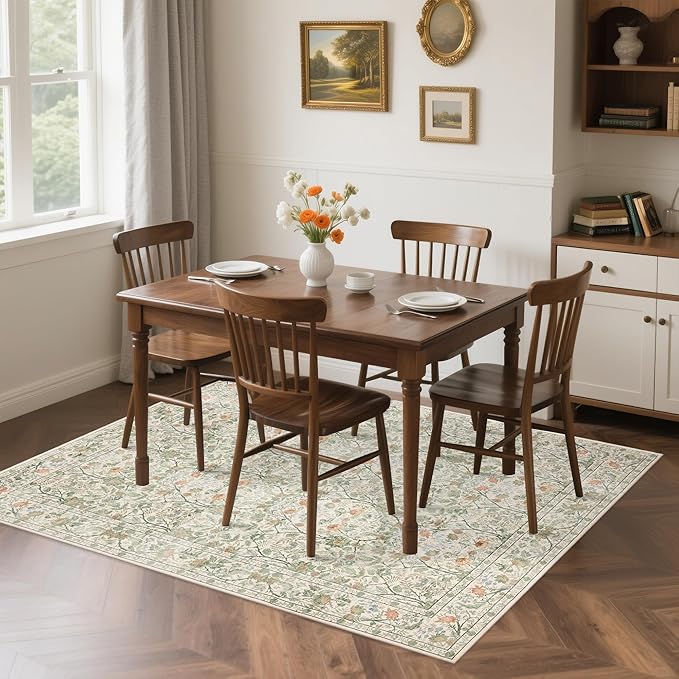 Washable Living Room Rug: 6x9 Boho Floral Soft Area Rug for Bedroom Decor - Vintage Low Pile Thin Carpet for Dining Room Non-Slip - Farmhouse Stain Resistant Rugs - Beige Green