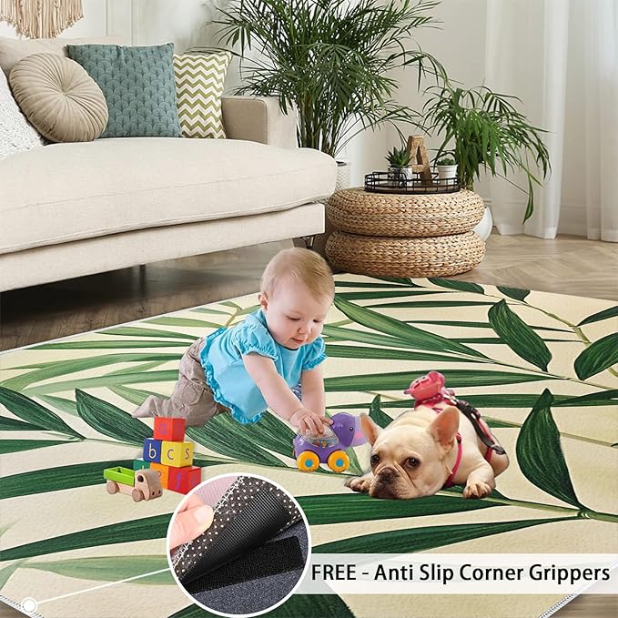 6x8 Bamboo Leaves Classroom Rugs - Realistic Botanical Art Playroom Rug, Minimalist Leaves Carpet Area Rug for Girls Bedroom Kids Room Basement Office Classroom