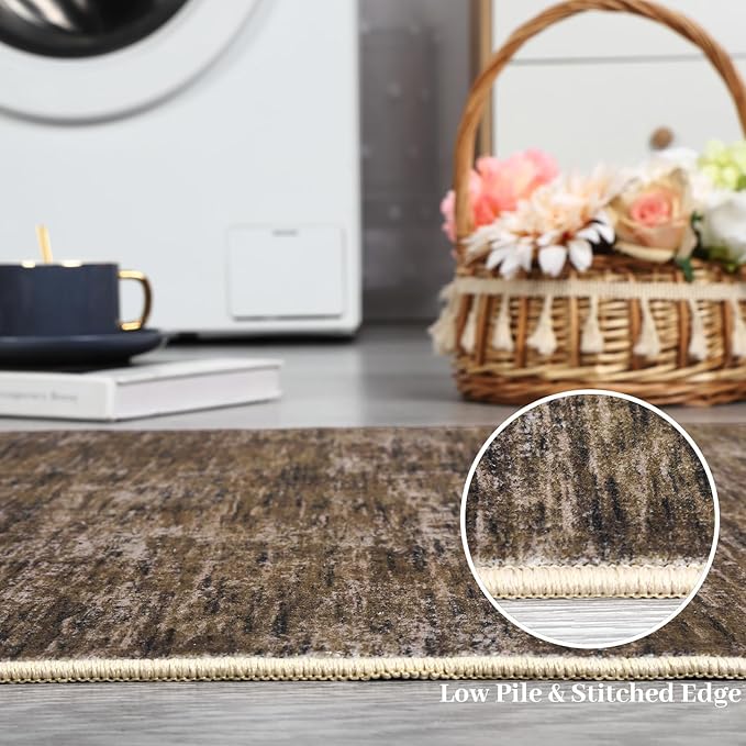 RUGSREAL Washable Round Rug 4x4 ft for Living Room Modern Round Rug Small Bedside Carpet with Rubber Backing Stain Resistant Small Entry Mat Neutral Circle Rug for Bedroom Nursery Home Decor, Brown