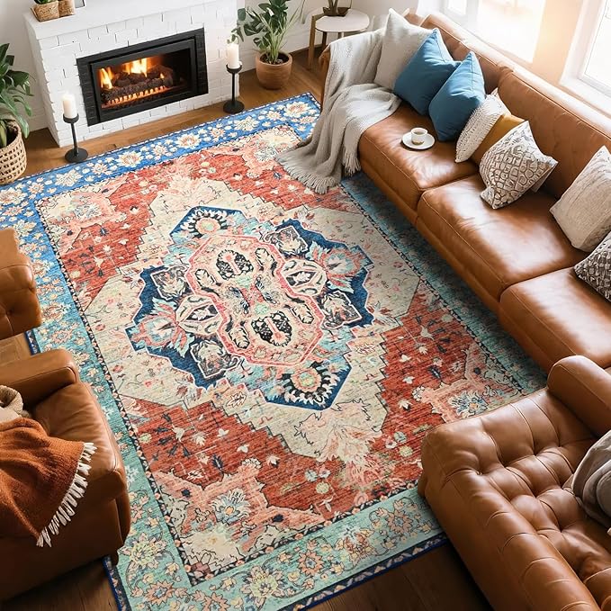 Large Area Rugs 9x12, Low Pile Washable Rugs - Soft Vintage Distressed Rugs for Living Room Bedroom, Office, Dining Room, Water Repellent & Non Shedding, Terracotta