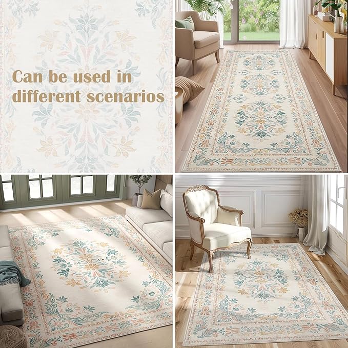 jinchan Spring Floral 2x3 Rugs for Entryway - Vintage Washable Area Rug Ultra-Thin Low Pile Soft Small Non Slip Distressed Indoor Doormat Accent for Entrance Kitchen Bedroom (2x3ft, Apricot Multi)