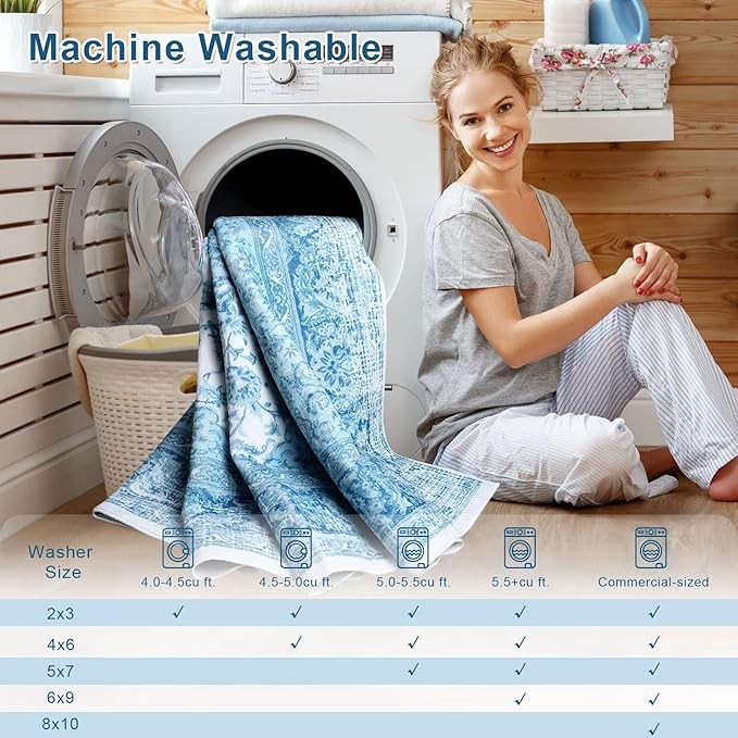 8x10 Area Rug for Bedroom, Machine Washable Rugs with Non-Slip Backing for Living Room, Large Vintage Carpet Kitchen Laundry Kids Room Decor, Celestial Blue