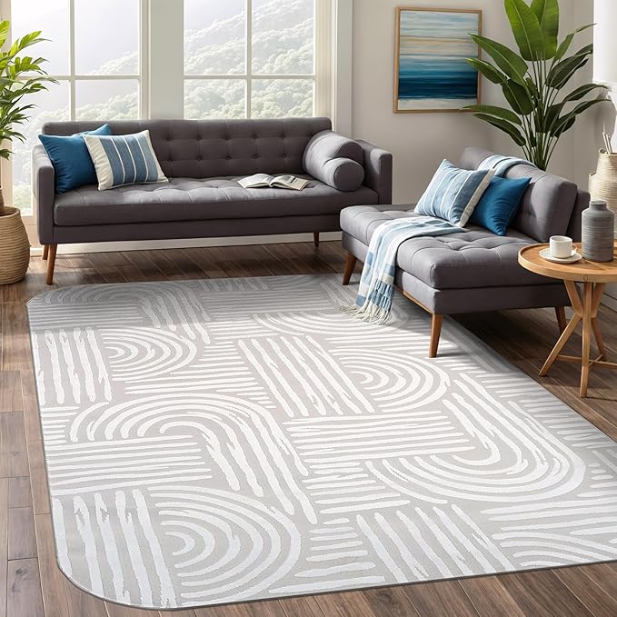 Beverly Rug Modern Geometric Area Rug 8x10 Low-High Pile Durable Soft Abstract Curved Indoor Rugs for Living Dining Room Office Stain Resistant Non Shedding Casual Indoor Carpet Beige White 8 x 10