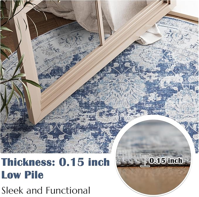 jinchan Fiora Round Rug 8ft Area Rugs Vintage Floral Distressed Design Machine Washable Non-Slip Low-Pile Ultra-Thin Circle Rug for Living Room Dining Room Bedroom Farmhouse (8' Round, Dark Blue)