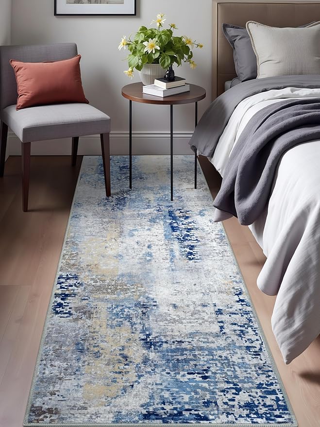 Washable Abstract Runner Rug, 2x6 Modern Area Rugs with Non-Slip Rubber Backed for Kitchen, Thin but Soft Contemporary Carpet Bedroom Entryway Hallway Decor, Midnight Blue