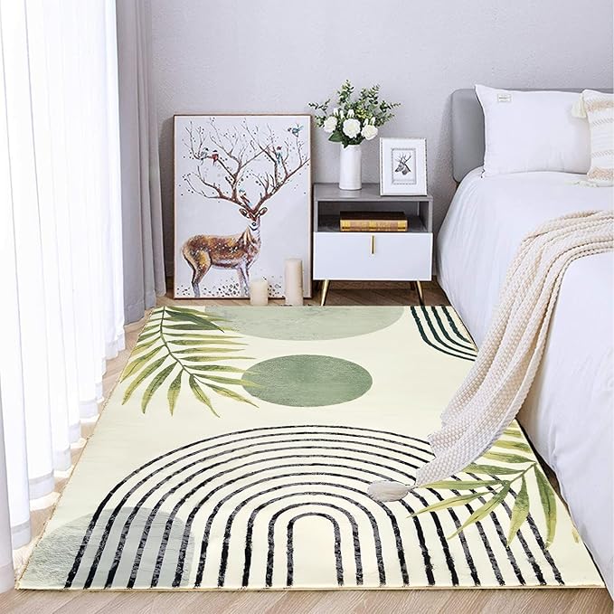 Area Rug 4x6 Modern Green Rug Abstract Tropical Leaves Bedroom Rug Washable Aesthetic Carpet for Living Dining Playroom