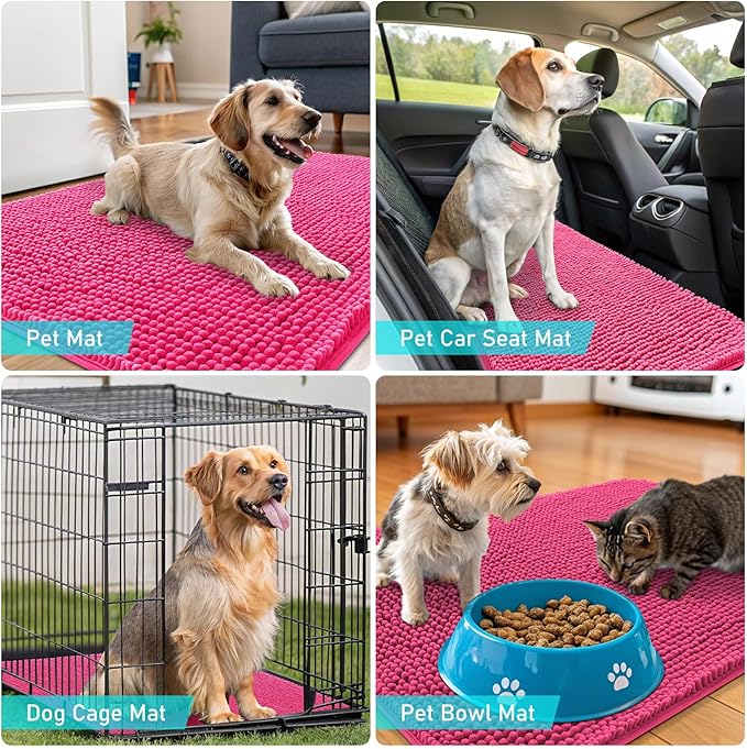OLANLY Dog Door Mat for Muddy Paws 44x32, Absorbs Moisture and Dirt, Absorbent Non-Slip Washable Doormat, Quick Dry Chenille Mud Mat for Dogs, Entry Indoor Entryway Carpet for Inside Floor, Hot Pink