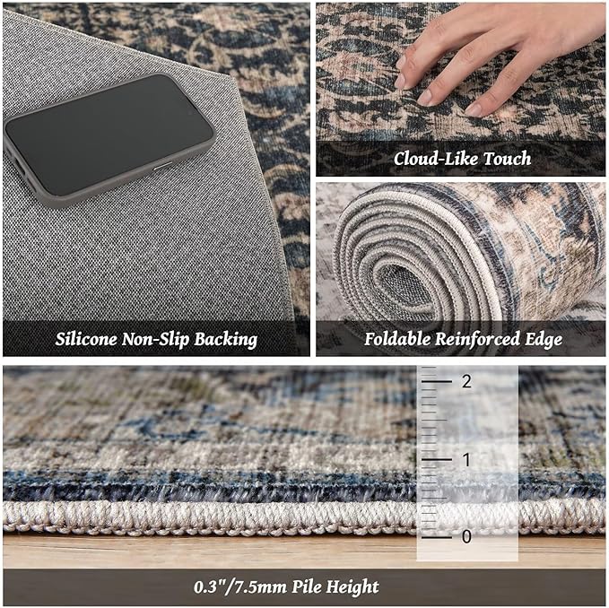 Washable 2x3 Entryway Rug, Boho Non-Slip Door Mat Vintage Distress Small Rugs for Kitchen Nursery Office Bedroom, 0.3" Neutral Oriental Throw Carpet with Cushioning Pad, Black/Brown/Blue/Multi