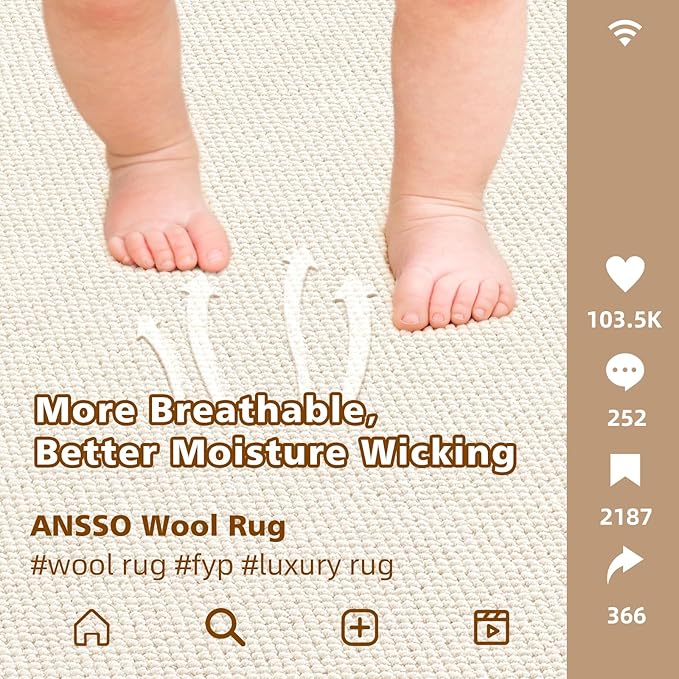 ANSSO Wool Rugs 8x10 for Living Room,80% Merino Wool and 20% Cotton Soft Tufted Area Rug with Cotton Non-Slip Backing,Large Area Rug for Bedroom Bedroom, Dining and Home Office (Cream White)