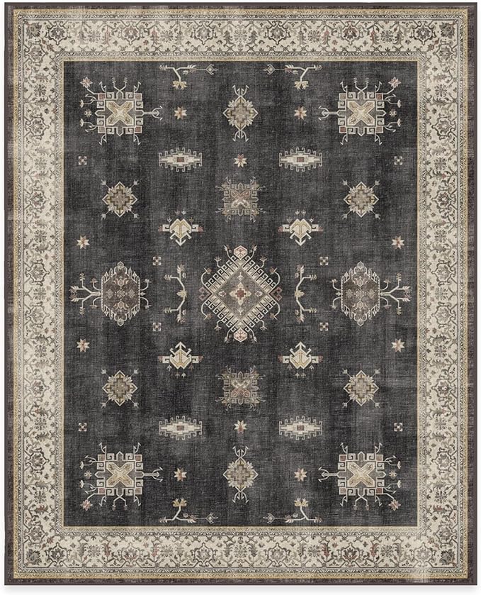 RUGGABLE Washable Vintage Area Rug – Verena Dark Wood 8x10, Stain-Resistant, Non-Slip – Large Machine Washable Rugs for Living Room, Bedroom, Hallway, Entryway & Office–with Standard Pad