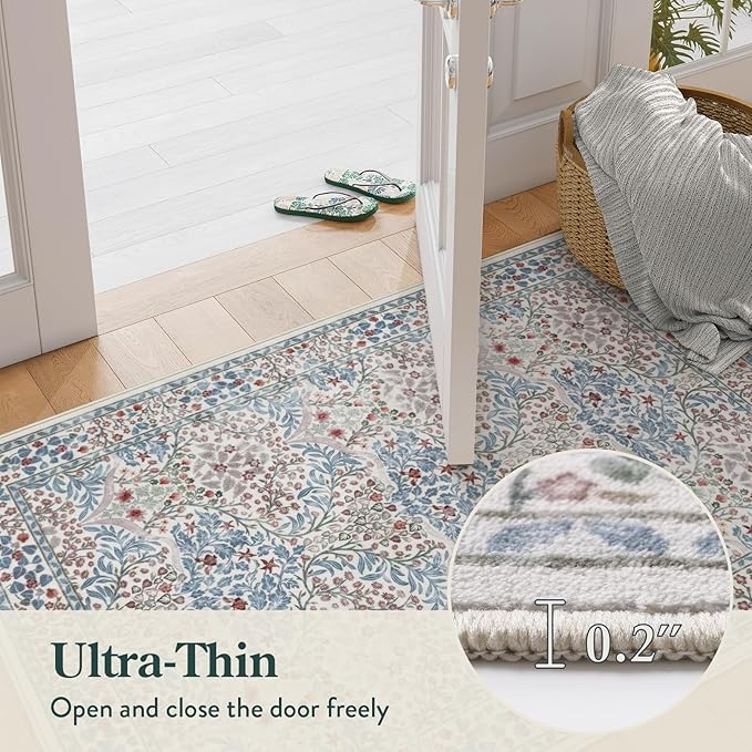 Lahome Floral Washable Kitchen Runner Rug, 2x6 Runners for Hallways Non Slip Ultra-Thin, Boho Soft Hallway Rug Forest Carpet Runners for Bedroom Bathroom Laundry Room, Beige/Blue