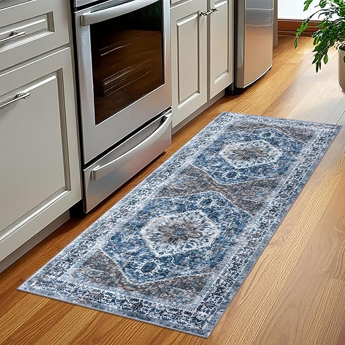 KOZYFLY Runners for Hallways 2x5 Ft Washable Kitchen Runner Rug Boho Runner Rug for Entryway Indoor Blue Printed Oriental Faux Wool Floor Carpet Runner for Laundry Room Kitchen Hall