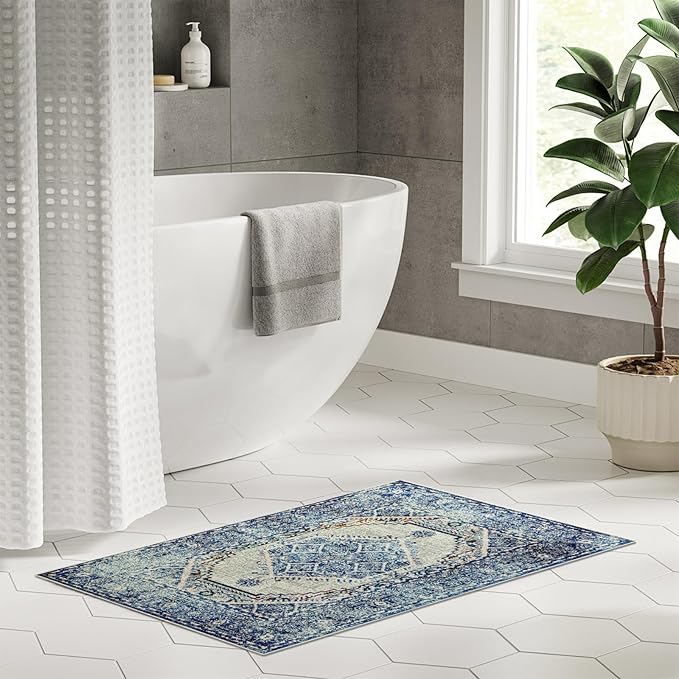 Easy-Going Boho Area Rug 2x3 Washable Entryway Rugs Front Door Mat Indoor Entrance Non-Slip Vintage Distressed Small Entry Rug for Living Room Kitchen Bathroom Office Lightweight Carpet, Blue Cream