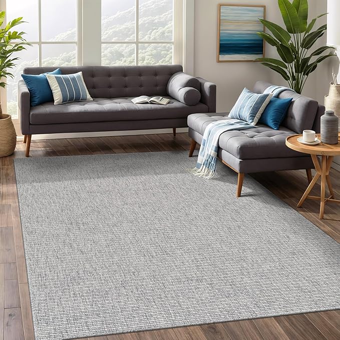 Beverly Rug Easy Jute Gray Rug 5x7 Solid Washable Durable Outdoor Indoor Area Rugs for Living Dining Room Patio Office Stain Resistant Non Shedding Casual Indoor Outside Carpet (5 x 7 Gray)