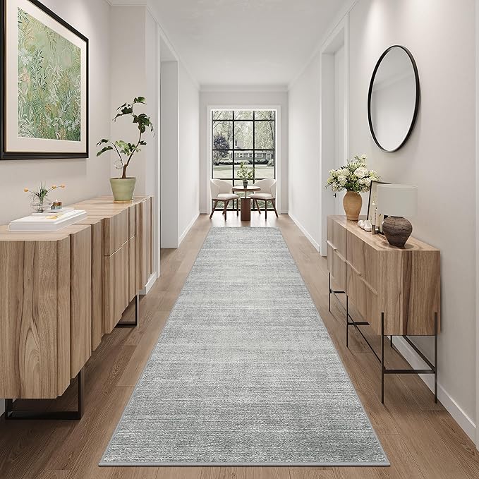 Art&Tuft Non-Slip Runner Rug - 2x12 Runner Rug Washable Low-Pile Rugs Runners, Soft Distressed Carpet Runner for Bedroom Bathroom Kitchen Laundry Living Room, Grey
