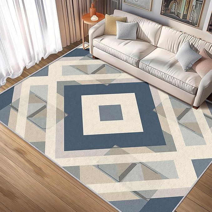 Geometric Rug, Washable 4x5 Rug for Living Room, Modern Abstract Patterned Indoor Carpet, Geometric Decor for Home, Bedroom, Soft Non Slip Thin Design FER95