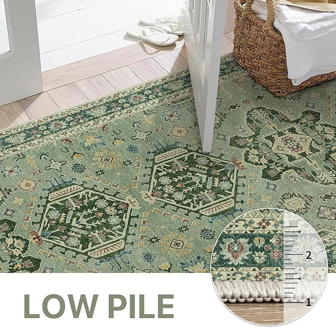 Bavni Washable Runners for Hallways 2X10, Ultra-Thin Non Slip Long Runner Rug, Print Vintage Aesthetic Carpet Runner, Low Pile Rugs for Kitchen Porch Bedroom, Green