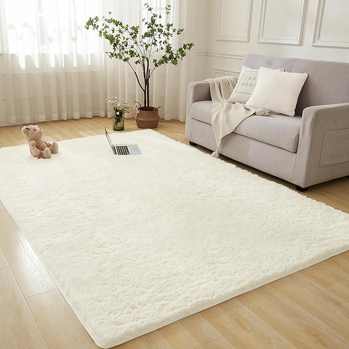 Andency 6x9 Area Rugs Cream,Large Shag Fluffy Soft Shaggy Rugs for Living Room Bedroom, Non-Slip Thick Plush Carpet for Kids Girls and Boys, Dorm Nursery Home Decor Aesthetic