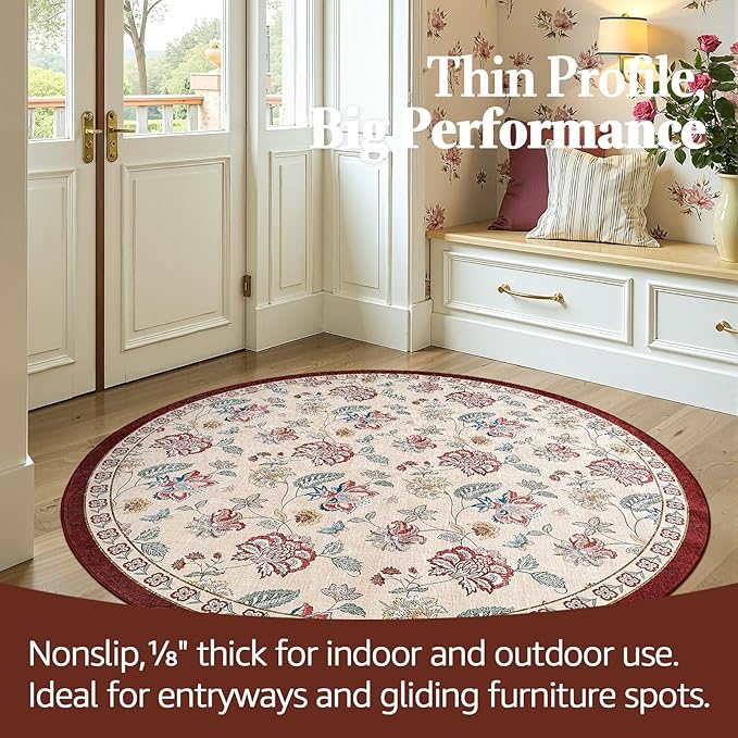 jinchan Elora 5ft Floral Round Rug for Entryway Washable Kitchen Rug Vintage Romance Design Non Slip Indoor Doormat Lightweight Low-Profile Throw Carpet for Living Room Dining Room Bedroom, Red/Beige