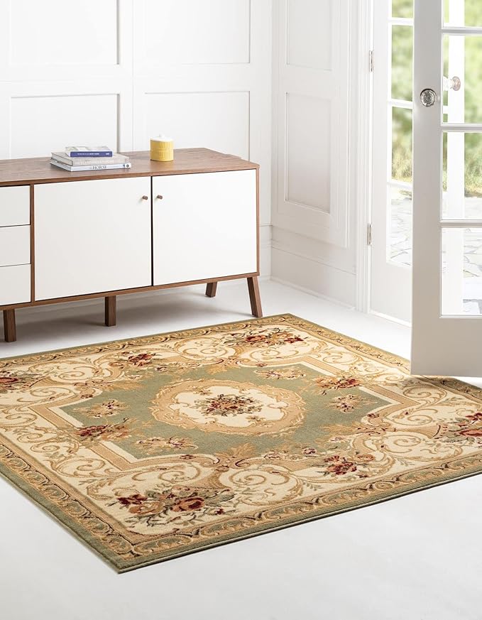 Rugs.com Chateau Collection Rug – 6 Ft Square Green Medium Rug Perfect for Living Rooms, Kitchens, Entryways