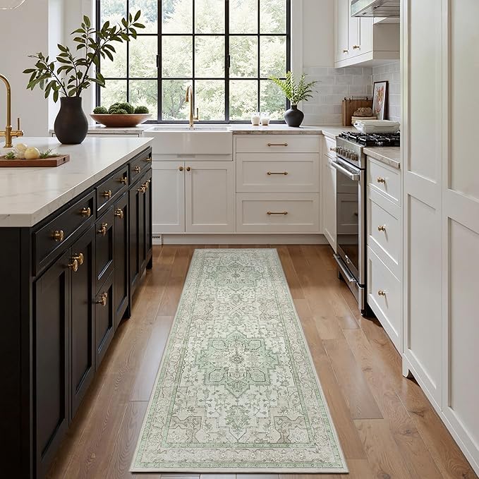 GENIMO 2x7 Runner Rugs for Hallway, Machine Washable Non Slip Vintage Rugs, Low Pile Lightweight Soft Print Rug for Enrtyway, Corridor, Home Office, Kitchen, Oat Light