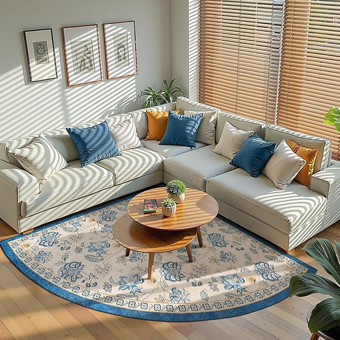 jinchan Elora Floral Corner Rug for Washable Nursery Rug Vintage Romance Design Non Slip Quarter Circle Lightweight Low-Pile Throw Carpet for Playroom Reading Nook Office, 5ft Radius, Blue/Beige