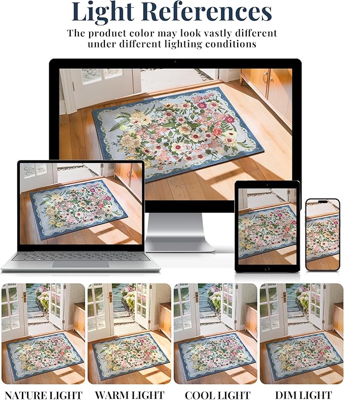 Door Mat Entrance 2x3 Rug - Floral Rugs Washable Small Area Rug Non-Slip Stain Resistant Low Pile Flower Print Throw Rugs for Indoor Entryway, Bedroom, Kitchen, Front Door, Entry - Blue