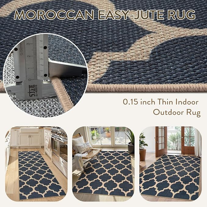 Lahome Moroccan 3x5 Outdoor Rug, Easy Jute Blue Washable Rug for Entryway Front Porch, Geometric Trellis Woven Non Slip Door Mat for Entrance, Thin Non Shedding Farmhouse Throw Rugs for Balcony